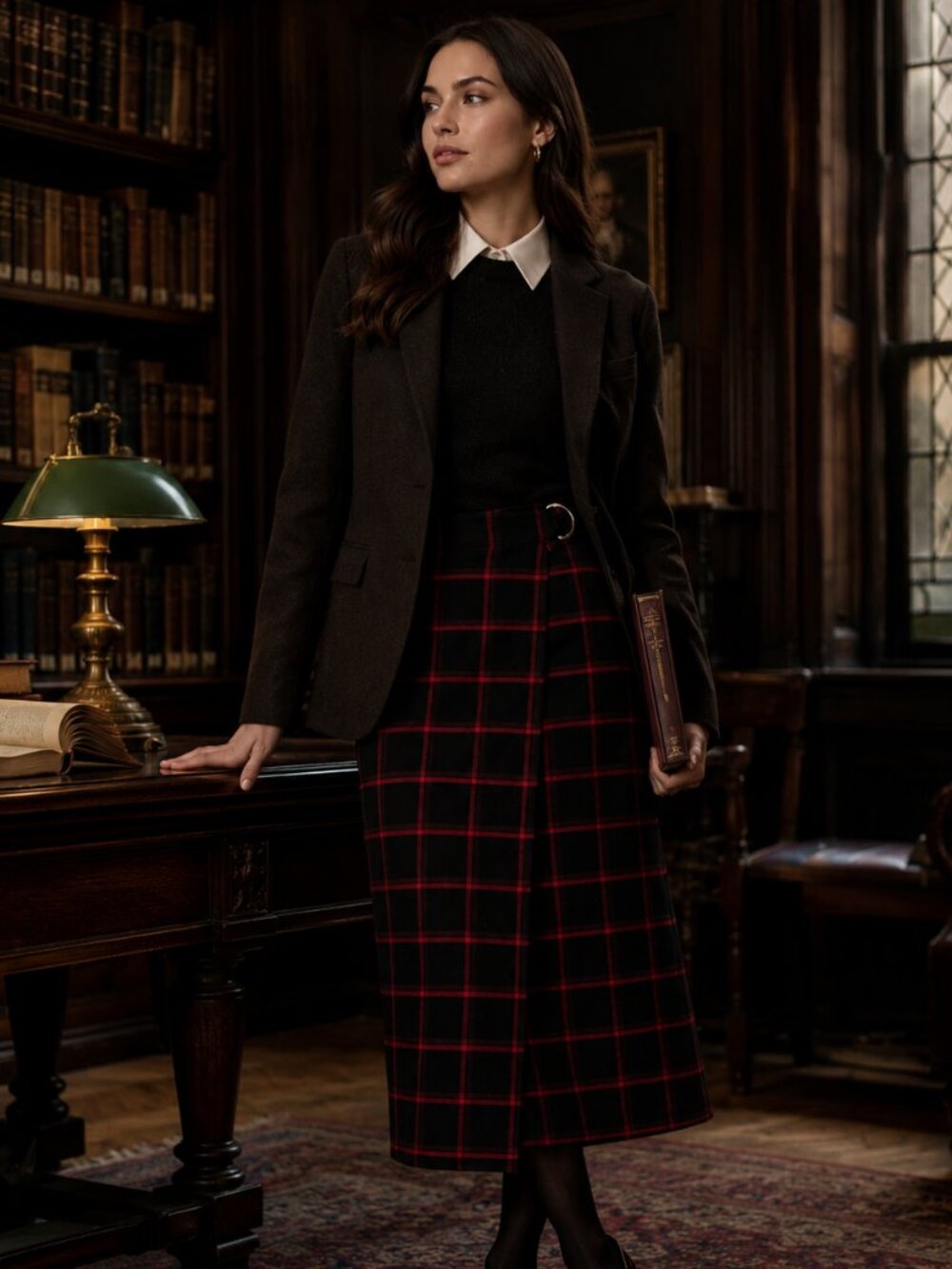 Banana Republic Plaid Faux-Wrap Midi Skirt | Size 8 | Preppy Dark Academia